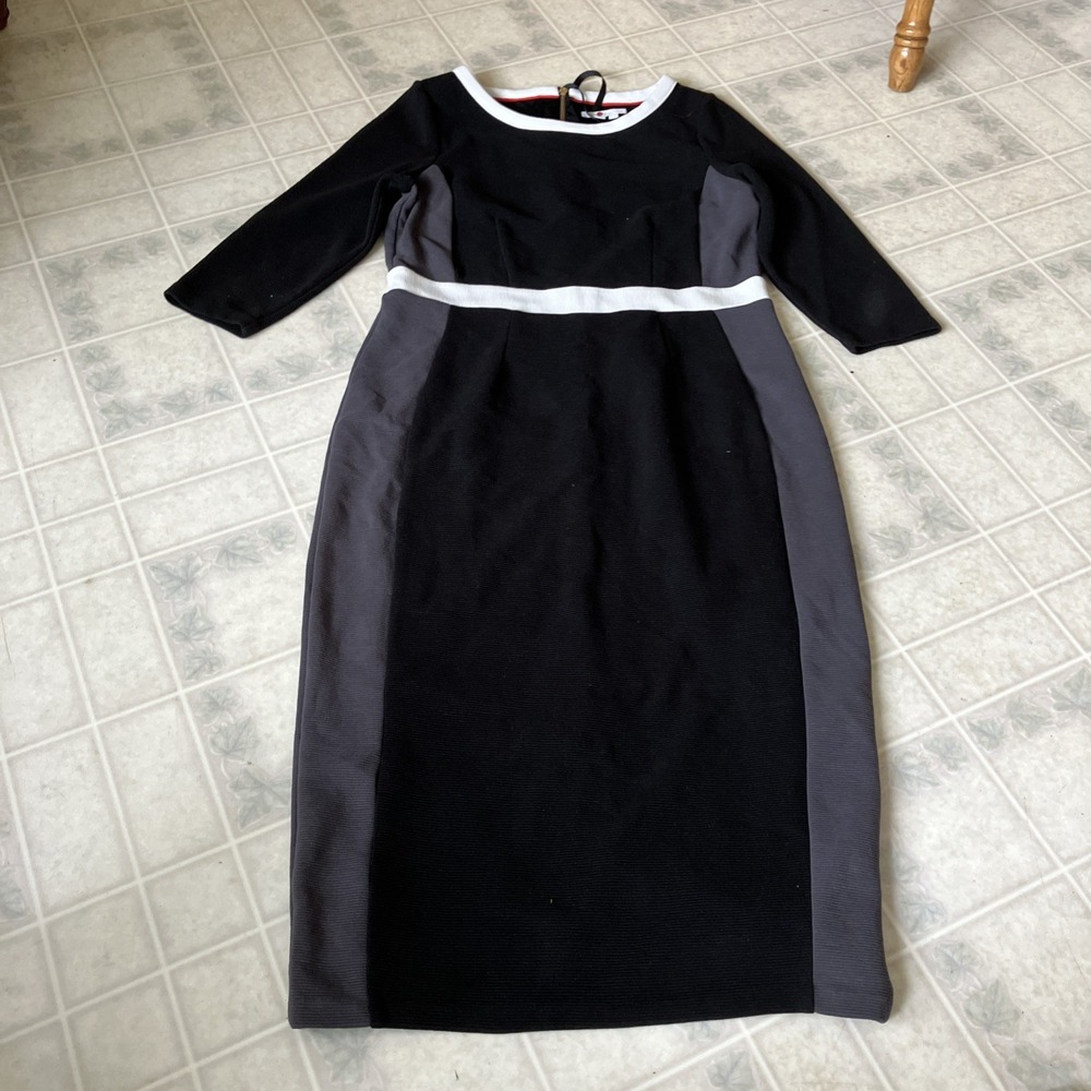 BODEN Black Knit Sheath Dress White collar Waist Lined 12 Long Retro Glam modest